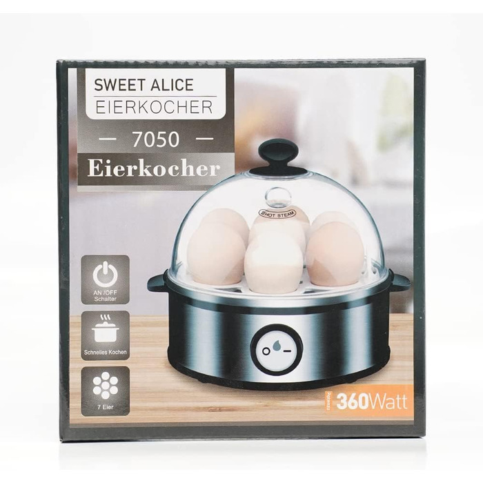 Солодка Alice Egg Cooker з нержавіючої сталі, переможець тесту яйцеварки, яйцеварка на 1-7 яєць з налаштуванням рівня твердості, світлова індикація автоматичного вимкнення, мірна чашка, захист від перегріву, без бісфенолу А, 360 Вт