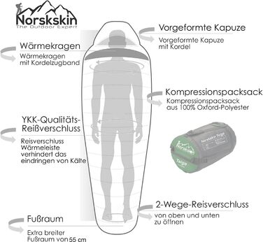 Легкий спальний мішок Norskskin 4 сезони від 0C до -23C - довгий спальний мішок для мумії (230 x 82 см) - водовідштовхувальний спальний мішок на відкритому повітрі з відділенням для подушки на блискавці зліва