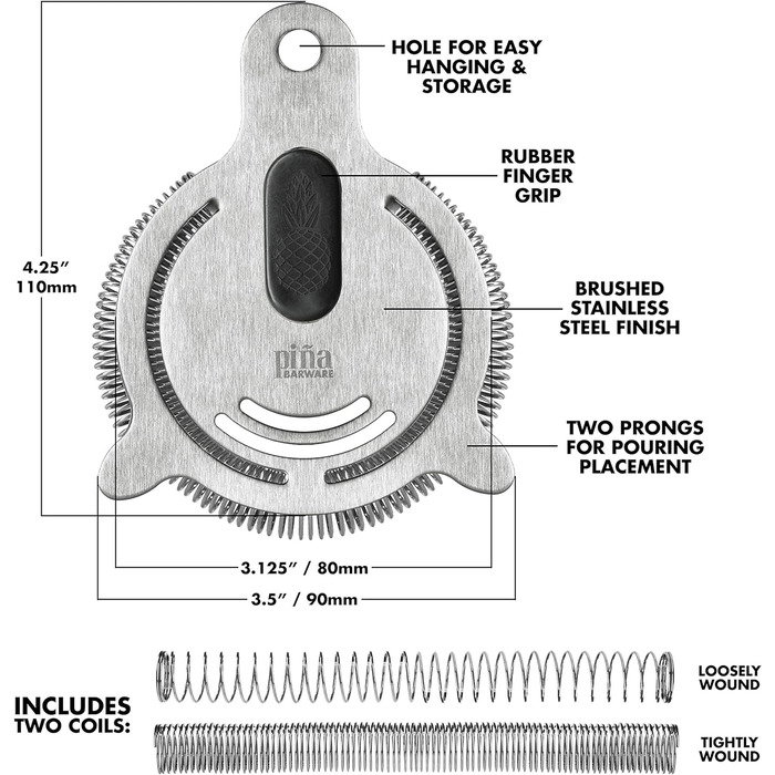 Ситечко для коктейлів Pia Barware's The Hawthornette, з нержавіючої сталі, з двома спіралями, полірована поверхня, ука, дзеркально відполірована, 1 ситечко