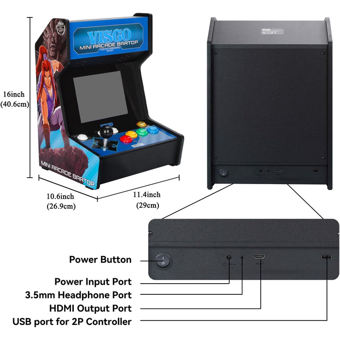 З додатковим геймпадом, аркадний автомат для дому, невелика ігрова приставка, попередньо встановлені 12 ліцензійних ретро-ігор VISCO, 8-дюймовий екран, підтримка виходу HDMI