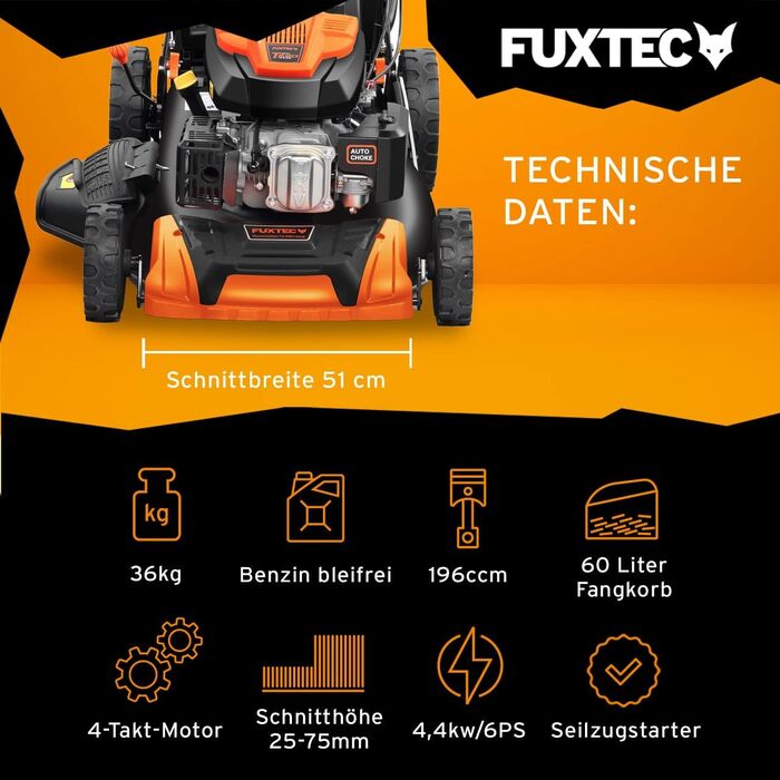 Бензинова газонокосарка FUXTEC 4 в 1 FX-RM5196PRO з гнучким приводом, садова косарка з переднім бампером, ширина зрізу 51 см, 4-тактна косарка, колеса Big Wheel на шарикопідшипниках, травозбірник на 60 л, об'єм двигуна 6 к.с. - 196 куб.см