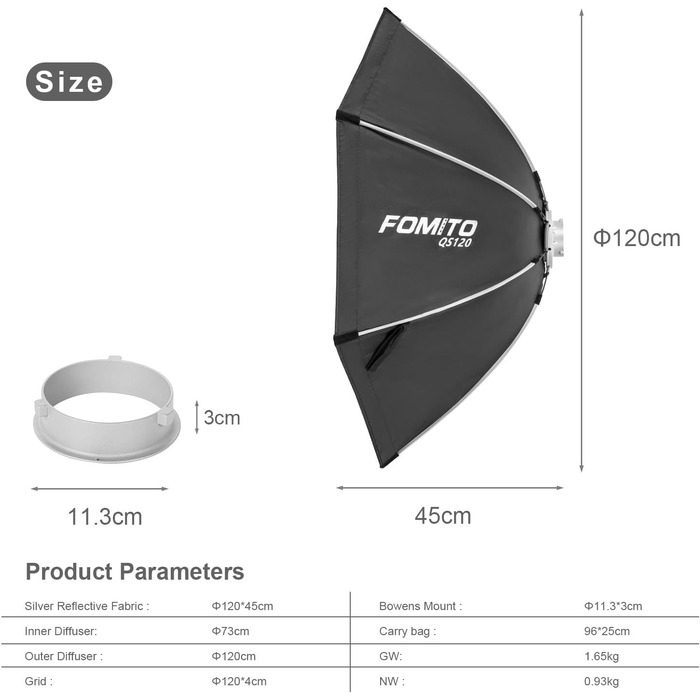 Восьмикутний софтбокс FOMITO 120 см, швидкознімний софтбокс зі стільниковою решіткою, світлорозсіювач, сумка для Godox SL-60W SL60IID SL150R SL300R