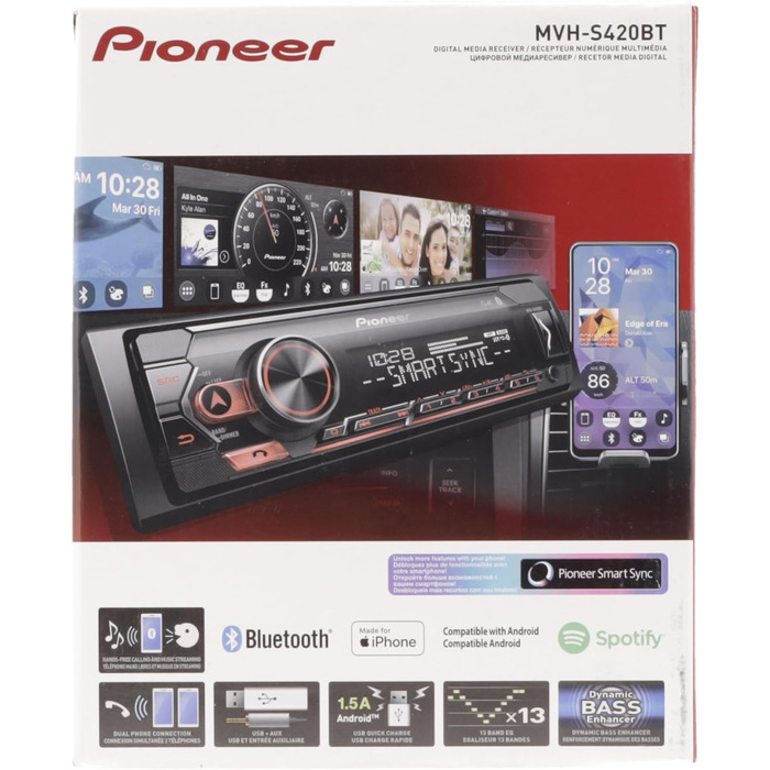 Приймач PIONEER 1-DIN з Bluetooth, червоним/білим підсвічуванням, роз'ємом USB/3.5 мм, Spotify, додатком Pioneer Smart Sync і сумісний з пристроями Apple і Android, червоний/чорний, MVH-S420BT чорний, червоний Bluetooth, iPhone Control Single