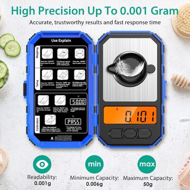 50g/0.001g Precision Pocket Scale Jewelry Scale, LCD Mini Scale Portable, Tare Function, 10g x 2 pcs Calibration Weights - Blue, 50g/0.001g Precision Pocket Scale Jewelry Scale, LCD Mini Scale Portable, Tare Function, 10g x 2 pcs Calibration Weights - Blu