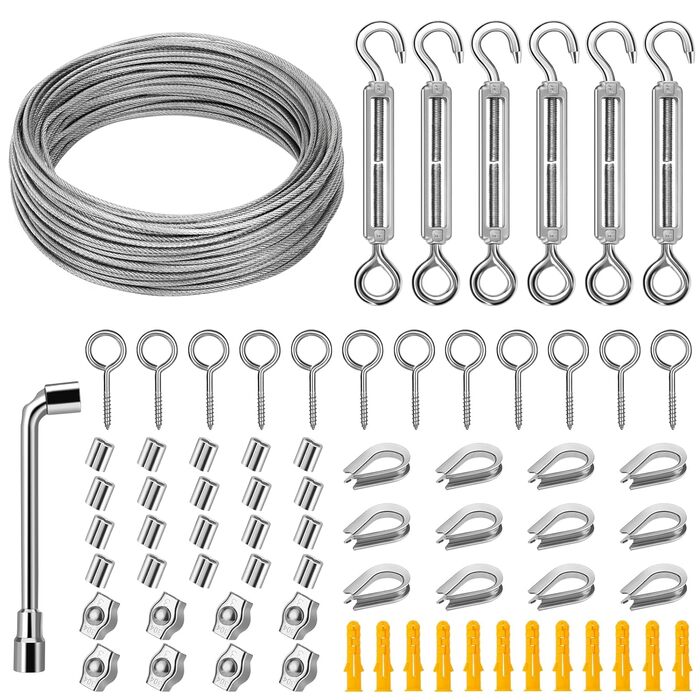 Набір дротяних тросів DIYLAND 35M/2 мм Набір тросів з нержавіючої сталі для витких рослин, Набір для натягу мотузки для підвіски лампи, Мотузка для штор, включаючи натягувач мотузки Затискач для дроту з нержавіючої сталі