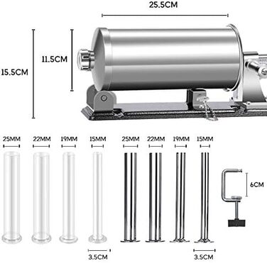 Наповнювач для ковбаси MASTER FENG, горизонтальна кухонна алюмінієва машина для начинки ковбаси з всмоктувальним дном Упаковані 8 розмірів професійні трубочки для начинки ковбаси для домашнього приготування (6 фунтів/3,5 л (горизонтально)) 6 ФУНТІВ ГОРИЗО