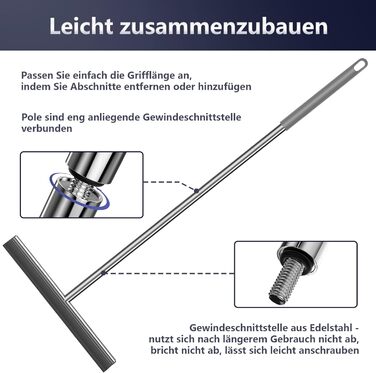 Ракель для підлогового душу, COSANSYS Water Squeegee Підлоговий ракель для душу з довгою ручкою 133 см, Ракель для душового вікна з силіконовою губкою та ручкою, Ракель для води підлоговий з гачком (нержавіюча сталь)