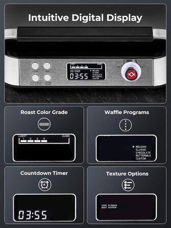 Вафельниця 2 хвилини готовності, розширений контроль, 5 різних програм, 7 рівнів підсмажування, керування через РК-дисплей, таймер, 1600 Вт, нержавіюча сталь