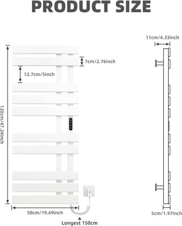 Рушникосушка електрична, Радіатор для ванної кімнати електричний білий, 5001200мм, 380Вт, Рушникосушка електрична, Радіатор для ванної кімнати, Полотенцесушитель для ванної кімнати, Енергозберігаючий, IPX5 -Білий Лівий