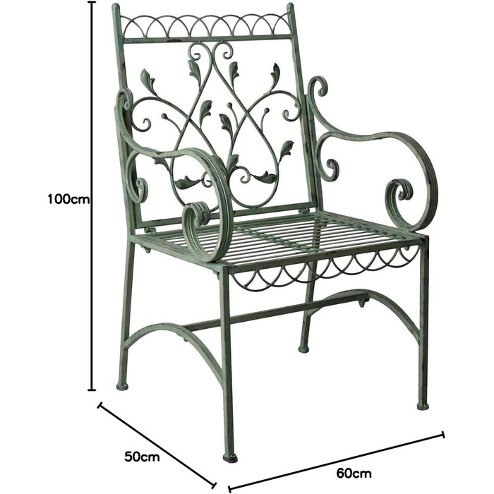 Садовий стілець Садове крісло в стилі кантрі Крісло Залізне крісло Зелений антикварний вигляд Ковані підлокітники Стілець aja281 Palazzo Ексклюзив