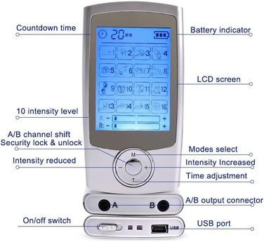 Пристрій TENS, машина Tens EMS для полегшення болю, 2-канальний пристрій для стимуляції TENS з 16 навчальними програмами, для полегшення болю в спині, шиї, плечей