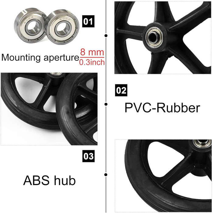 Колеса для інвалідних візків, 2 шт. и, передні колеса для інвалідних візків, 6/7/8 дюймів, аксесуари для коліс для інвалідних візків, суцільна шина, протиковзке гумове колесо, діаметр валу 5/16 дюймів, вантажопідйомність 265 фунтів, заміна чорного кольору