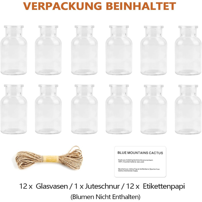 Маленьких скляних ваз для прикраси столу, висотою 10 см 125 мл набір маленьких ваз для весілля - міні-вази скляні пляшки з джутовим шнуром 5 м та 12 папірців для етикеток для дому, весіль, днів народжень, 12 шт.
