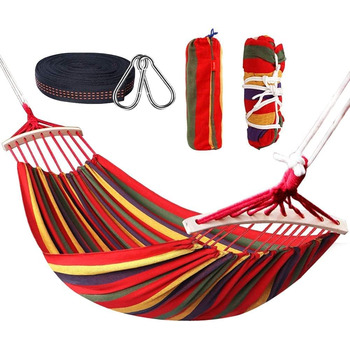 Гамак Outdoor Cotton 280 x 160 см, HOSPAOP Double Hammock Bar Гамак для внутрішнього приміщення, відкритого балкона, саду, кемпінгу, пляжу, портативний і дихаючий вантажопідйомність 300 кг Red Stripe