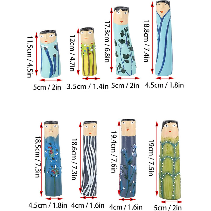 Весняні сімейні вази для бутонів, 8 шт. , Симпатична богемна сімейна ваза з синтетичної смоли з ручним розписом, Персоналізована ваза для персонажів бохо-сучасного декору, Ваза для квітів для дому