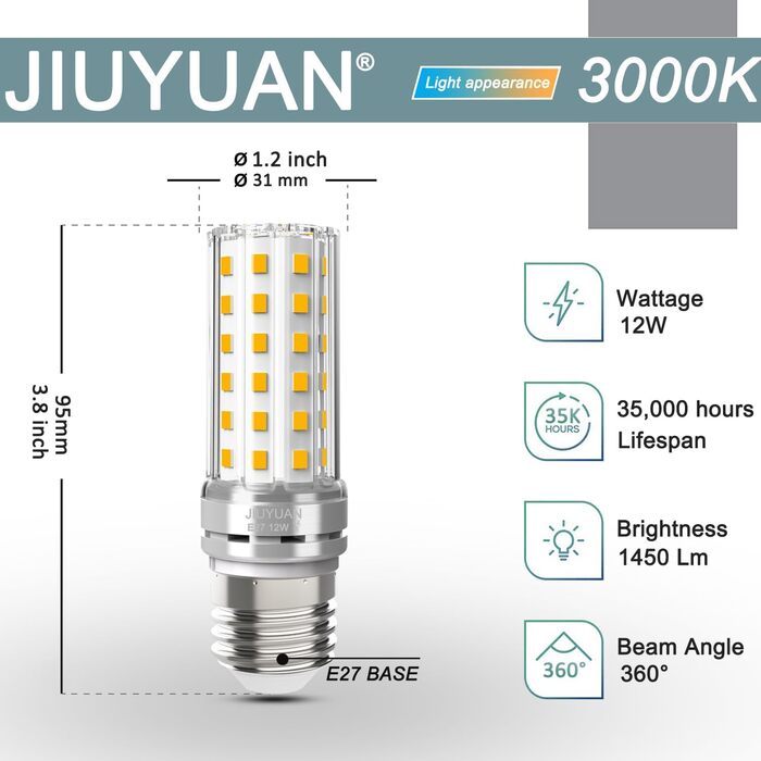 Теплий білий світлодіод 12 Вт Світлодіодні лампи E27 Corn Bulb 3000K 1450LM Замінює лампи розжарювання 100 Вт, гвинт Едісона E27 Corn Cob Світлодіодні енергозберігаючі лампи Лампи світлодіодної свічки без регулювання яскравості - упаковка з 4 шт., 27