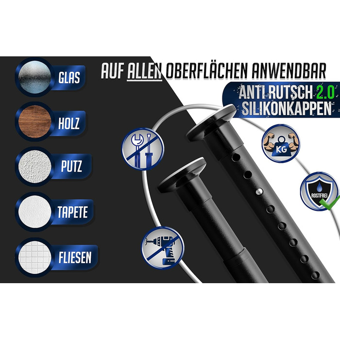 Телескопічна штанга з нержавіючої сталі MEISENBERG без свердління 260-310 см, матовий чорний багатофункціональний карниз Ø32 мм Затискний - карниз, натяжна штанга висувна 260 x 310 см Матовий чорний