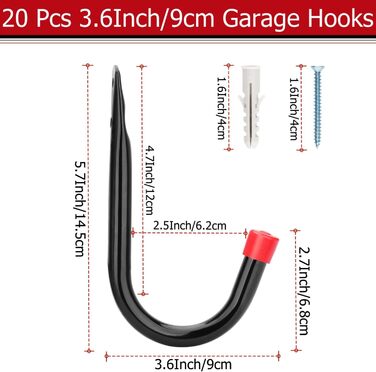 Надміцні гачки для зберігання в гаражі, J-подібні гачки для організації садового інструменту, сипучі предмети, 20 шт. 14,5 см x 9 см, 20 шт.