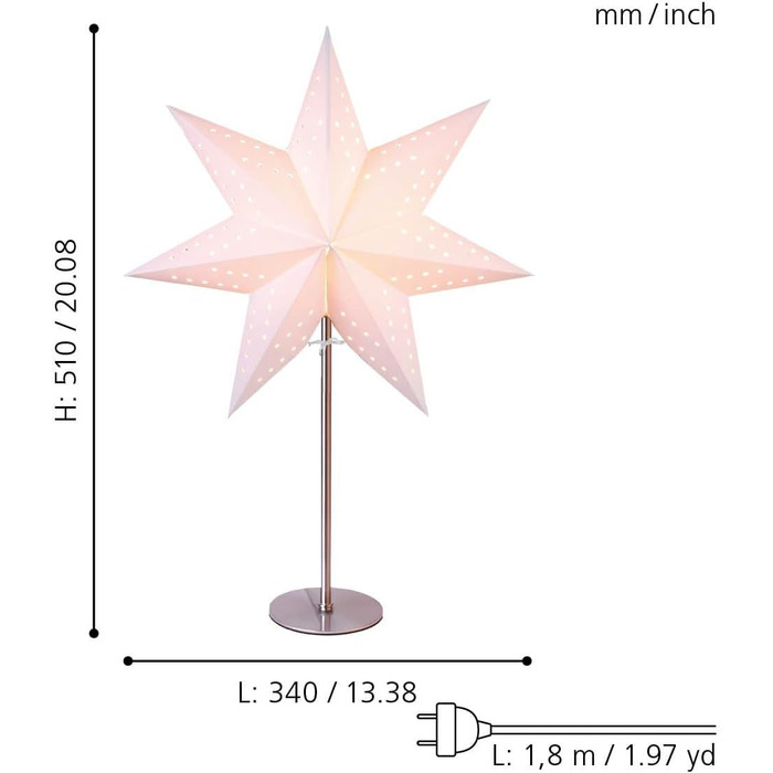 Настільна лампа EGLO з пуансетією, паперові прикраси з підсвічуванням з металевою основою, 3D вікно Light Star стоїть в білому кольорі з кабелем, E14 Висота 51 см