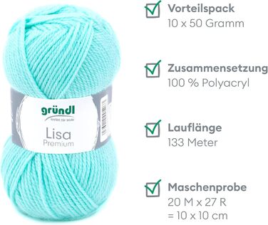 Пряжа Grndl Lisa Premium Uni Knitting & Chet Yarn (м'яка і вовняна пряжа, проста в догляді миється пряжа з 100 поліакрилу, 50 г/ 133 м, розмір голки 3,5 - 4,5, 10 клубків по 50 г кожен), (пастельно-бірюзовий колір)