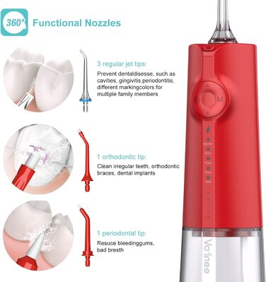 Бездротовий іригатор порожнини рота Voinee Care, професійний іригатор для порожнини рота з 5 режимами очищення, 6 рівнями тиску та 5 змінними насадками, що обертаються на 360, водонепроникний IPX7, для чищення зубів (червоний)
