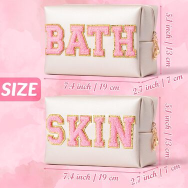 Косметична сумка SKIN&BATH Patch PU Дорожні туалетні сумки великої місткості, золотиста водонепроникна сумка Varsity Letter із блискавками для макіяжу, миття, догляду, ділової поїздки, SKINBATH, 7