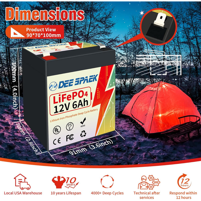 Акумулятор DeeSpaek 12V 6Ah LiFePO4, акумуляторні літієві батареї глибокого циклу з BMS 10 А, ідеально підходять для їзди на іграшках, домашньої сигналізації, запобіжника, газонокосарки та аварійного освітлення