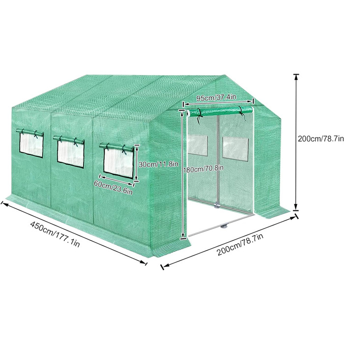 Садові теплиці Froadp Оцинкована труба Томатний будинок Зимостійка теплиця з фольги з сітчастою плівкою Вікно Теплиця з антифризом Зелена теплиця для садових рослин (9, 4,5x2x2 м)