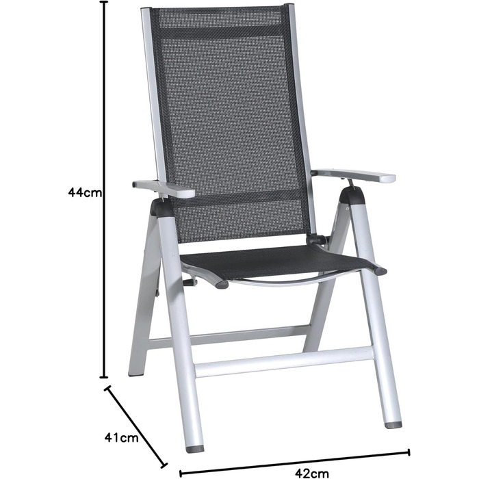 Складне крісло greemotion Monza срібло/чорне, для внутрішнього та зовнішнього використання, садове крісло з регульованою спинкою в 7 напрямках, стійке до забруднень і легко чиститься, розміри сидіння приблизно 41 x 42 x 44 см