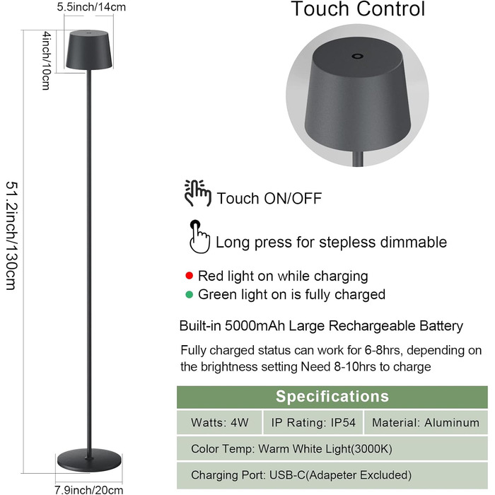 Торшер K-Bright LED, лампа для читання з регулюванням яскравості 4 Вт, сенсорне керування, торшер з металу алюмінію, підходить для додаткового освітлення вітальні, спальні, офісу (антрацит)