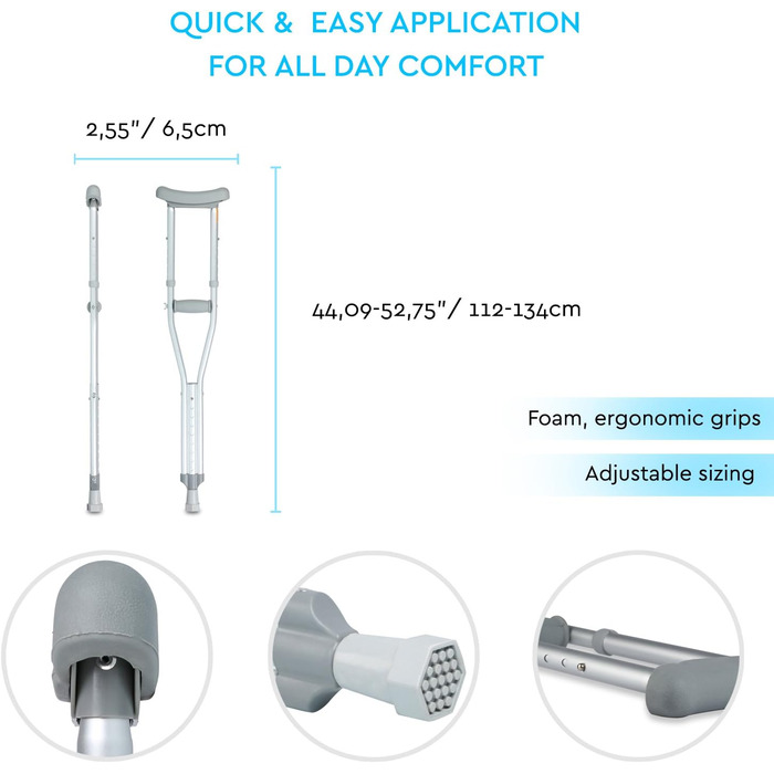 Милиці для ходьби з підошвою (алюміній) регульована підтримка після травми або операції для чоловіків, жінок та підлітків легкі, міцні з ергономічними ручками та піною під пахвами M (1 упаковка)