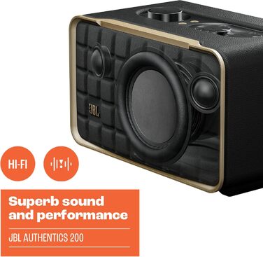 Розумна домашня колонка JBL Authentics 200 - Bluetooth-колонка з ретро-дизайном 70-х років - з Quadrex Grill, Google Assistant, Alexa, AirPlay та додатком JBL One - чорний