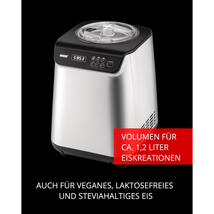 Морожениця Unold 48825 Uno - самоохолоджуючий компресор, повністю автоматичний, охолодження 135 Вт, -35C, РК-дисплей, контейнер з нержавіючої сталі, таймер, компресор