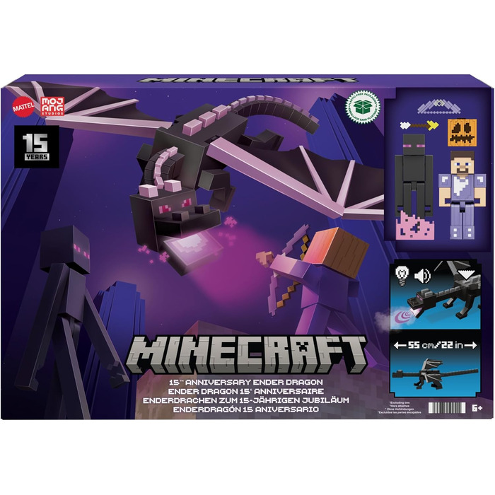 Набір фігурок Mattel Minecraft Ендер Дракон, світло, звуки та дим зі Стівом та Ендерменом, точнісінько в масштабі до фігурок заввишки приблизно 8 см HTN25