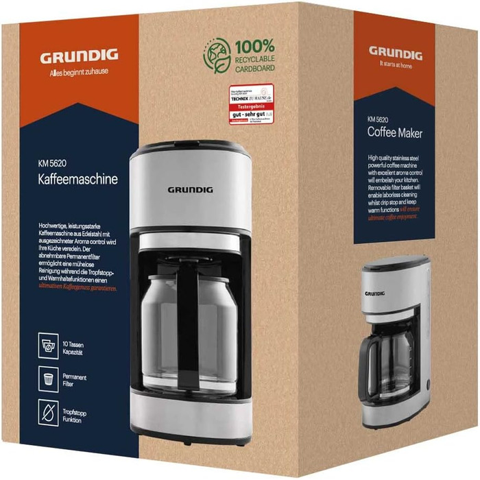 Кавоварка Grundig KM5620, 1000 Вт, 10 чашок (1,25 л), 1000, нержавіюча сталь/чорний