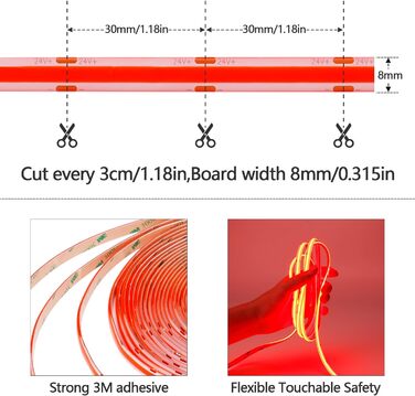Світлодіодна стрічка GOMING 24 В COB 3000K 5M водонепроникна світлодіодна стрічка IP65 480 світлодіодів / м Без світлових плям CRI 93 Світлодіодна стрічка високої яскравості 4300 лм для прикраси домашньої кухні (тільки стрічка) (червона, 10 метрів)