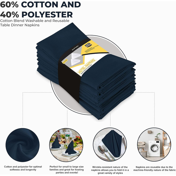 Серветки з кухонної тканини Utopia Упаковка з 12 шт. , темно-сині 46x46 см Столові серветки, які можна прати, для готелів, обідів, ресторанів, весіль, заходів і вечірок 46 x 46 см темно-синій