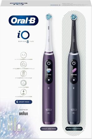 Електрична зубна щітка Oral-B iO 8 Double Pack з революційною магнітною технологією та мікровібраціями, 6 програмами чищення, кольоровим дисплеєм та дорожнім кейсом, чорний онікс/фіолетовий аметрін