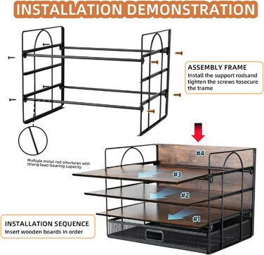 Рівневий настільний органайзер та аксесуари, органайзер для паперового лотка для листів, вінтажний дерев'яний настільний органайзер для файлів із шухлядою та 2 тримачі для ручок для школи, дому, офісного приладдя, 4-