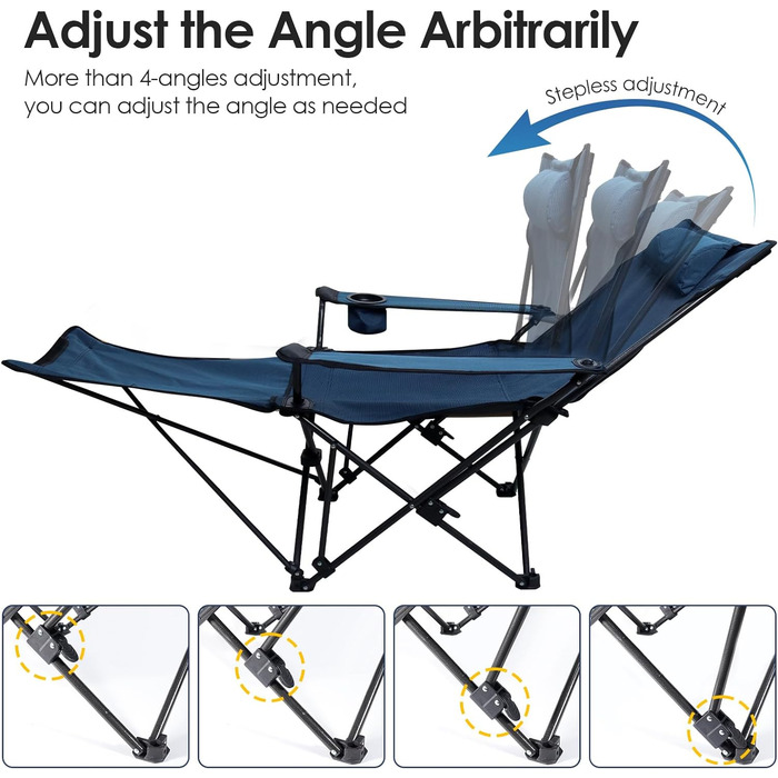 Розкладне крісло для кемпінгу SOPPY, складаний шезлонг 2 в 1 регульоване кемпінгове крісло зі знімною підставкою для ніг бічний тримач чашки, легке портативне крісло для відпочинку на відкритому повітрі, кемпінгу, пляжного пікніка - Blue Blue - садове крі