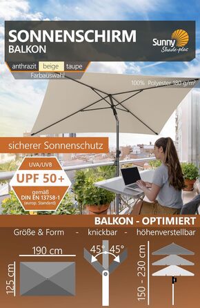 Парасолька 4smile Parasol Balcony SunnyShade Plus 200 x 125 см для захисту від ультрафіолету UV50 із захисним чохлом  бежевий