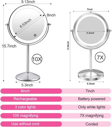 Косметичне дзеркало зі світлодіодним підсвічуванням з 1/10 збільшенням, дзеркало для макіяжу з 3 кольорами світла та сенсорним перемикачем, двостороннє настільне дзеркало зі світлодіодним підсвічуванням, хромоване настільне дзеркало, що обертається на 360