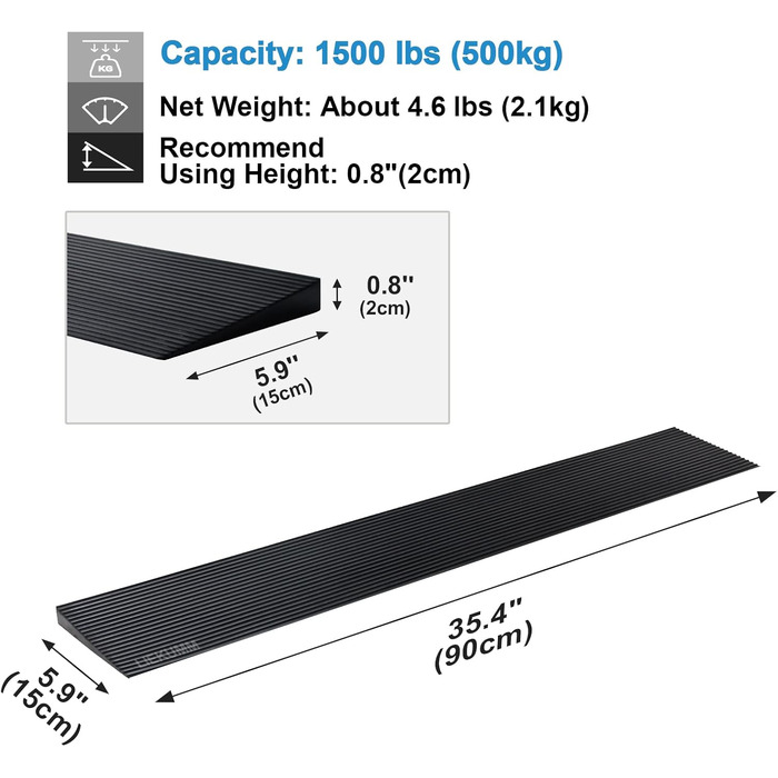 См, Пандус для інвалідного візка з натурального каучуку, Вантажопідйомність до 500 кг, Підйомний пандус з нековзною поверхнею для порогів інвалідних візків, дверей та ванних кімнат висотою 2,0 см, 90 шт., 2,0