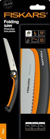 Складна пила Fiskars Plus, для товстих колод і гілок, 3 положення різання, гостре лезо з електроприводом, груба зубчастість, довжина леза 21 см, чорний/помаранчевий, пила SW69, 1067553 (полотно 20 см)