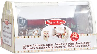 Дерев'яна майстерня морозива Melissa & Doug, 28 деталей, для дітей віком від 3 років, для рольової гри в майстерню морозива для порціонування та подачі 8 видів морозива в ріжках або стаканчиках для морозива, ігрові гроші, включаючи розкішний прилавок для 