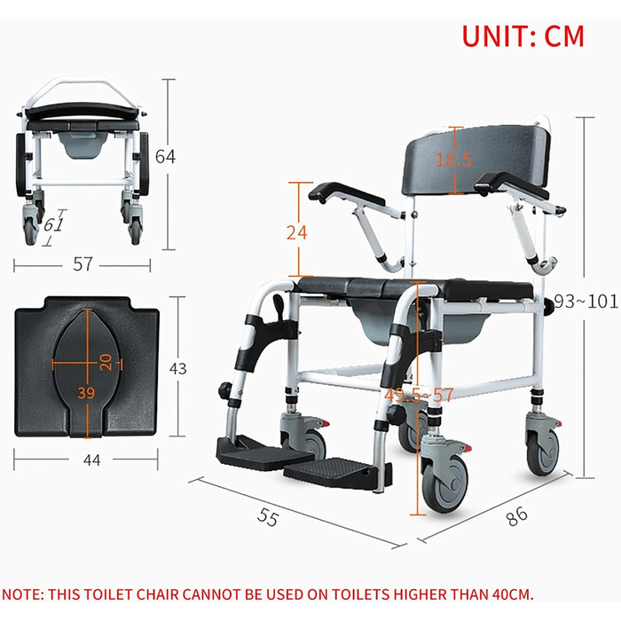 Туалетне крісло UHJKLA для людей похилого віку, Туалетне крісло з відкидними підлокітниками та колесами, Туалетне крісло для туалету, Інвалідна кабіна з алюмінієвого сплаву з