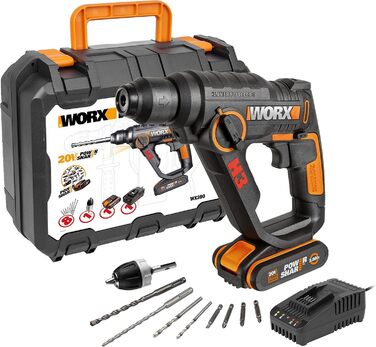 Перфоратор WORX WX390 SDS-plus - 20В дриль з пневматичним ударним механізмом для загвинчування, свердління та забивання - Енергія удару 1,2 Дж - З літій-іонним акумулятором 2,0 Ач, зарядним пристроєм та кейсом 1,2 Дж вкл. 1 акумулятор та зарядний пристрій