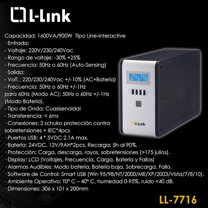 Блок живлення інтерактивної системи L-Link Sai 1600 ВА з РК-дисплеєм, чорний