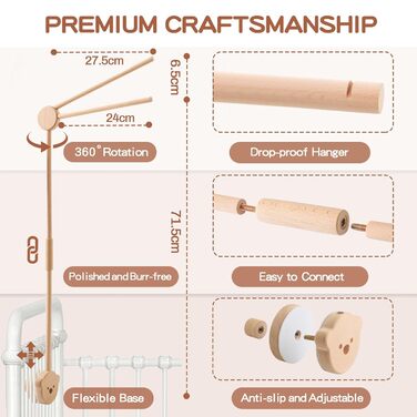 Мобільна дерев'яна для дитячого ліжечка 360 Поворотна дитяча мобільна підставка Вішалка для мобільного телефону для музики вітру Подарунок на народження новонародженого своїми руками Декоративний предмет (тримач для ведмедика)