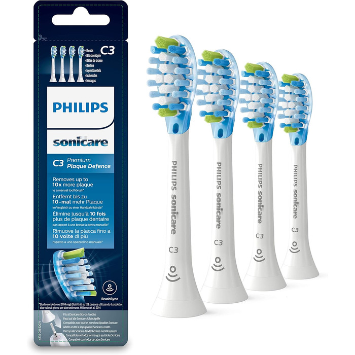 Оригінальна щітка-насадка Philips Sonicare Premium Plaque Defense HX9044/17, у 10 разів більше видалення нальоту, RFID-чіп, 4 упаковки, стандартна, біла